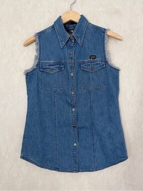 Harley Davidson Women’s Denim Button Down Top Sleeveless Embroidered in Blue S